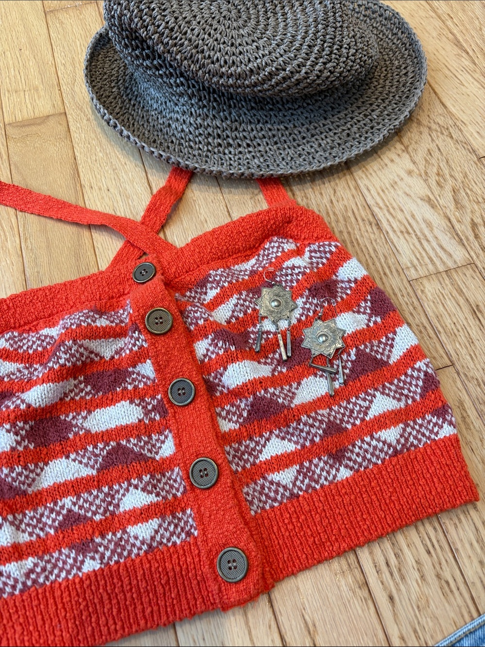 Free People Orange/Red Knit Button-Front Crop Top with Straps - Picture 6 of 6